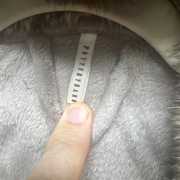 Pottery Barn Women's Hooded Plush Robe Large‎ Gray Faux Fur Trim Belted Cozy